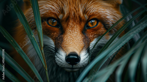 A majestic red fox stealthily weaving through lush green foliage, its fiery fur a striking contrast against the verdant backdrop, evoking nature's harmonious dance of vibrant greens and fiery reds.