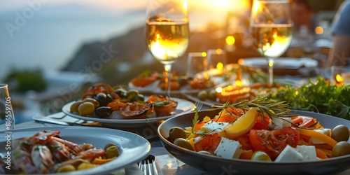 Tranquil Greek eatery with ocean view offers mezze olives feta seafood. Concept Greek Cuisine, Ocean View, Mezze, Olives, Feta, Seafood photo