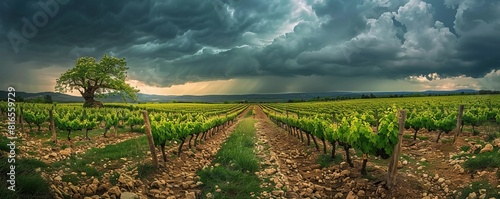vineyard during a stormy day during spring in the denomination of origin region of Ribera del Duero in the province of Valladolid in Spain photo