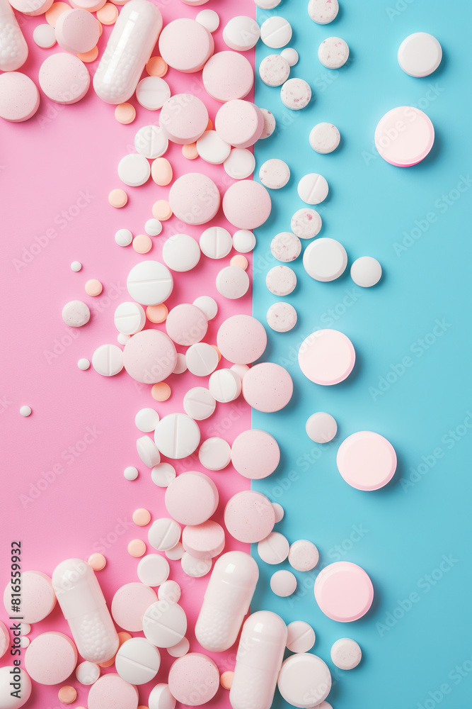 Medicine, pharmaceuticals, medications, vitamins, capsules, tablets and pills creative design, copy space background. Medical background for health care, medicine, clinic, pharmacy or drug store.