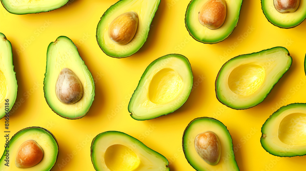 Avocado slices on bright yellow background. Healthy green avocado halves on vibrant yellow surface, avocado background for ads, banners, flyers. Ripe avocado halves and pits on sunny background Avocado slices on bright yellow background. Healthy green avocado halves on vibrant yellow surface, avocado background for ads, banners, flyers. Ripe avocado halves and pits on sunny background