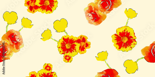Artistic painting bright red and yellow flowers. Seamless background. © mila_okie