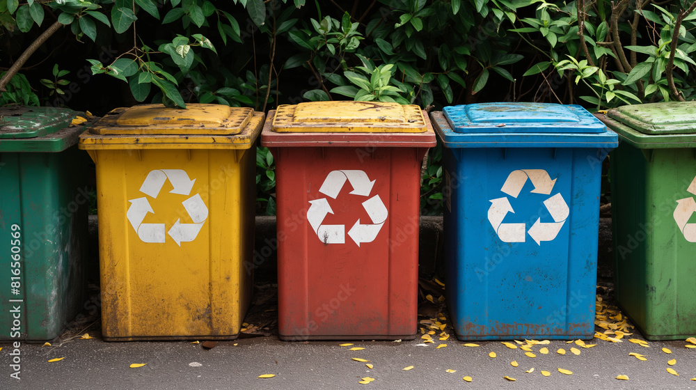 Colorful recycling bins in a row on a natural green foliage background, eco-friendly and ecology concept. Containers for recycle of paper, plastic, cans, metal and glass. Colorful recycling bins in a row on a natural green foliage background, eco-friendly and ecology concept. Containers for recycle of paper, plastic, cans, metal and glass.