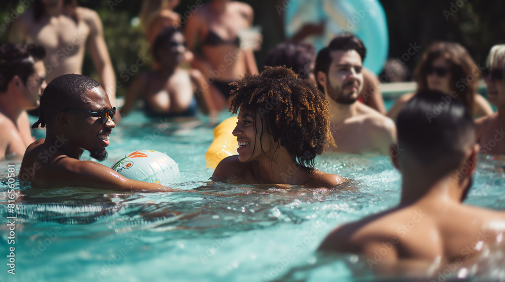 Happy young people having fun playing together in the swimming pool at the summer pool party. Summer vacation tropical vibes, people having fun in the water, summertime activities. Happy young people having fun playing together in the swimming pool at the summer pool party. Summer vacation tropical vibes, people having fun in the water, summertime activities.