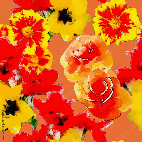 Abstract artistic painting with bright red and yellow flowers. Seamless background. © mila_okie