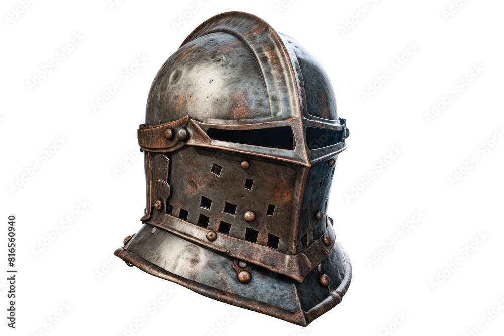 Naklejka premium Medieval knight helmet, rusty steel crusader armor headpiece, vintage metal helm illustration for games and fantasy design isolated on Transparent Background