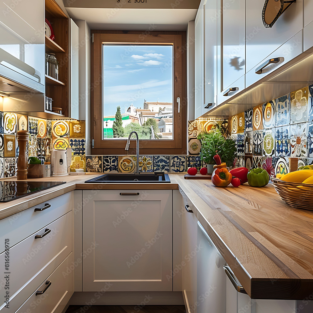 Small kitchen with tiles pattern on the wall, luxurious white furniture, wooden counter top and kitchen sink with tap near window in modern interior. Small kitchen with tiles pattern on the wall, luxurious white furniture, wooden counter top and kitchen sink with tap near window in modern interior.