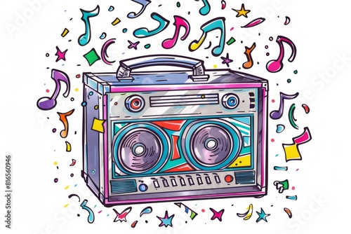 Cartoon cute doodles of a retro boombox blasting colorful music notes into the air, Generative AI
