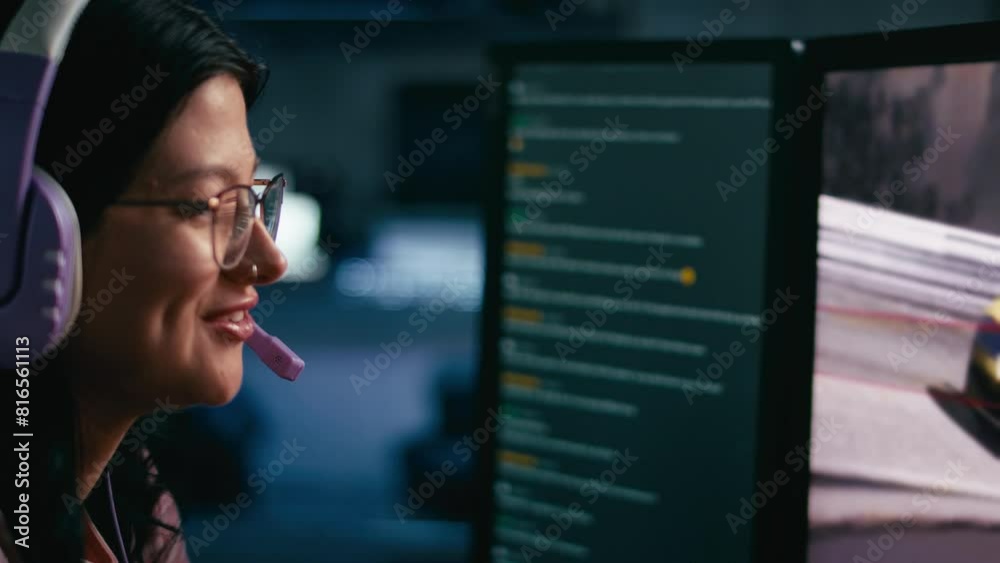 Close up of female gamer wearing headset plying online racing game at night  - shot in slow motion