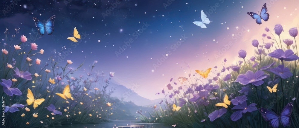 Butterflies flutter among morning blooms, glowing softly in twilight. Background: deep purples, blues, with hints of gold. Add ethereal elements like stars or fireflies.
