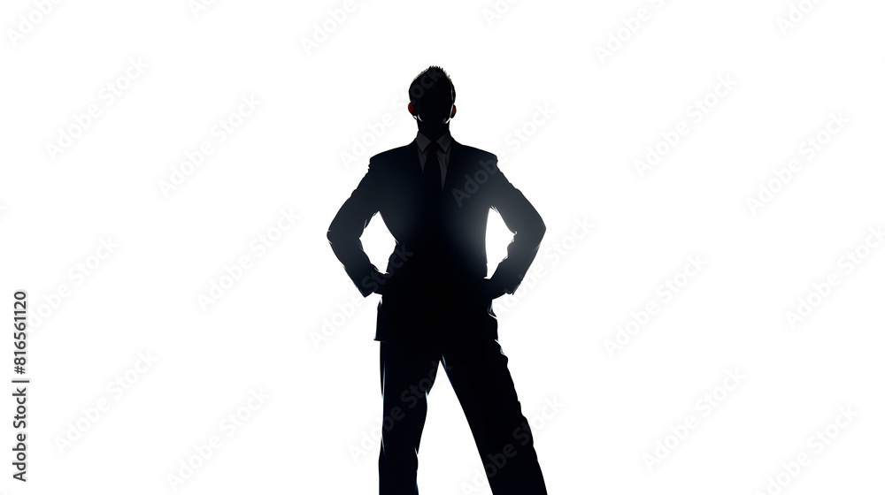 one caucasian business man silhouette standing hands on hips Full length in studio isolated on white background : Generative AI one caucasian business man silhouette standing hands on hips Full length in studio isolated on white background : Generative AI