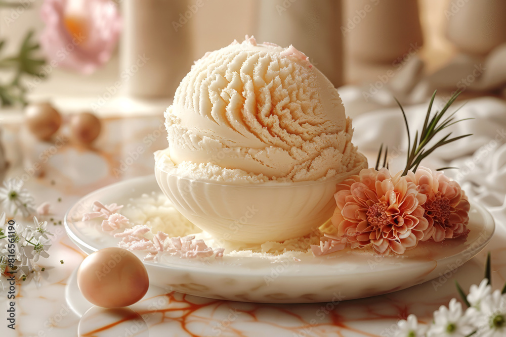 Elegant vanilla ice cream scoop in a bowl with flowers, suitable for fine dining or dessert presentations.