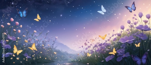 Butterflies flutter among morning blooms, glowing softly in twilight. Background: deep purples, blues, with hints of gold. Add ethereal elements like stars or fireflies. © Eureka Design