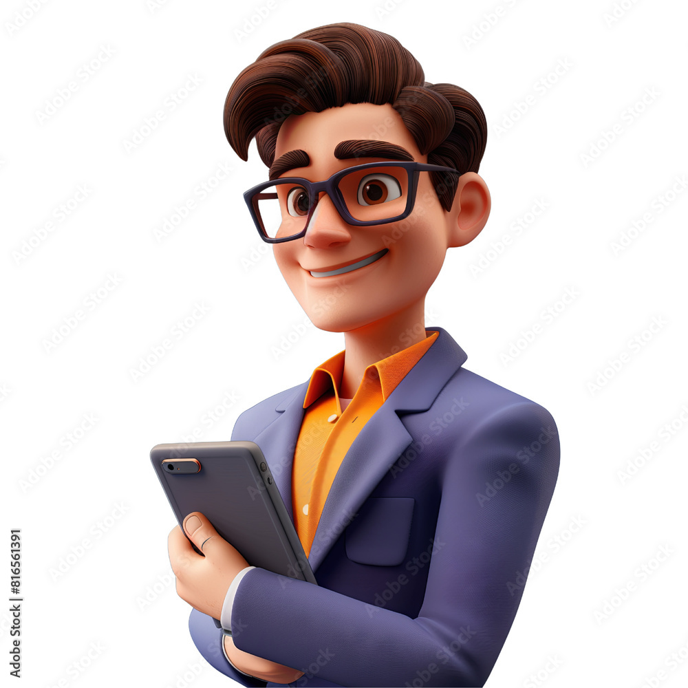 3d illustration of business man smile face and holding tablet. Wearing eyeglass and professional business suit. Isolated on transparent background 3d illustration of business man smile face and holding tablet. Wearing eyeglass and professional business suit. Isolated on transparent background