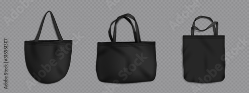 Black eco tote shopper bag mockup. Fabric template with reusable cotton shopping totebag set. 3d realistic blank textile sack with handle mock up for corporate design and advertising collection