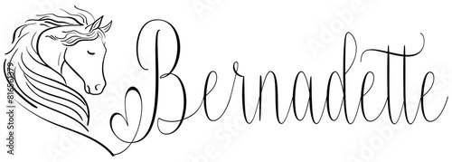 Bernadette - black color - name written - vector graphics with stylized horse with heart - for websites, greetings, banners, cards, tag, t-shirt, sweatshirt, prints, cricut, silhouette, scrapbooking 