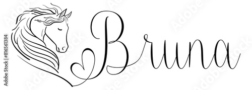 Bruna  - black color - name written - vector graphics with stylized horse with heart - for websites, greetings, banners, cards, tag, t-shirt, sweatshirt, prints, cricut, silhouette, scrapbooking 