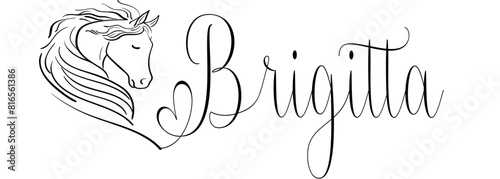 Brigitta - black color - name written - vector graphics with stylized horse with heart - for websites, greetings, banners, cards, tag, t-shirt, sweatshirt, prints, cricut, silhouette, scrapbooking 