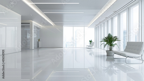 Office interior design  modern style  bright white color  wide view  Italian white marble