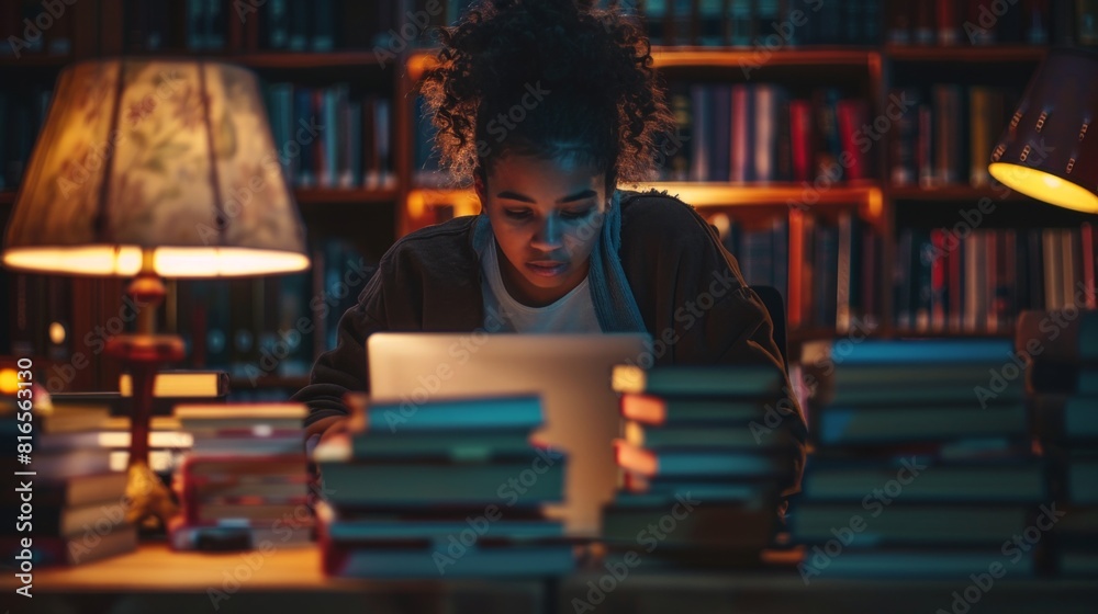 A college student in a library, studying late at night with stacks of books around them and a laptop open, the soft glow of a desk lamp illuminating their focused expression. 