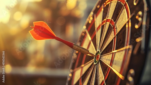 bullseye target or dart board has red dart arrow throw hitting the center of a shooting for business targeting and winning goals business concepts.