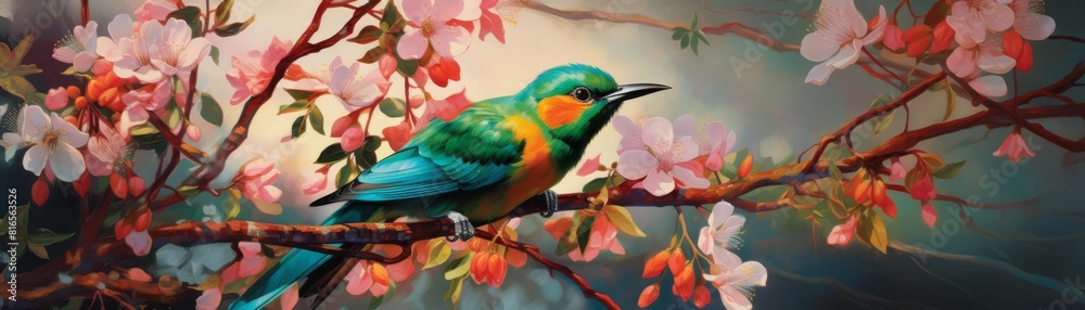 A beautiful bird is sitting on a branch of a blossoming tree