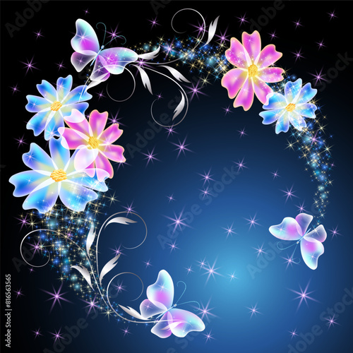 Fairytale floral round frame and magic butterflies in amazing night sky with sparkle stars and flowers. Fantasy mysterious background.