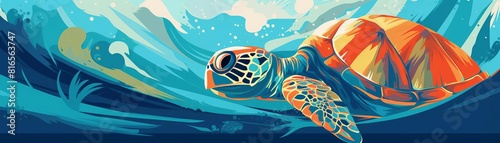 A beautiful digital painting of a sea turtle swimming in a vibrant coral reef.