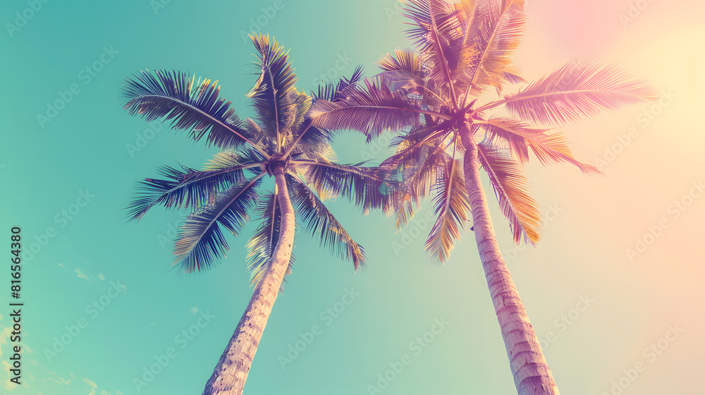 Palm trees against the sky, retro color filter effect, tropical beach theme, vintage style, pastel colors
