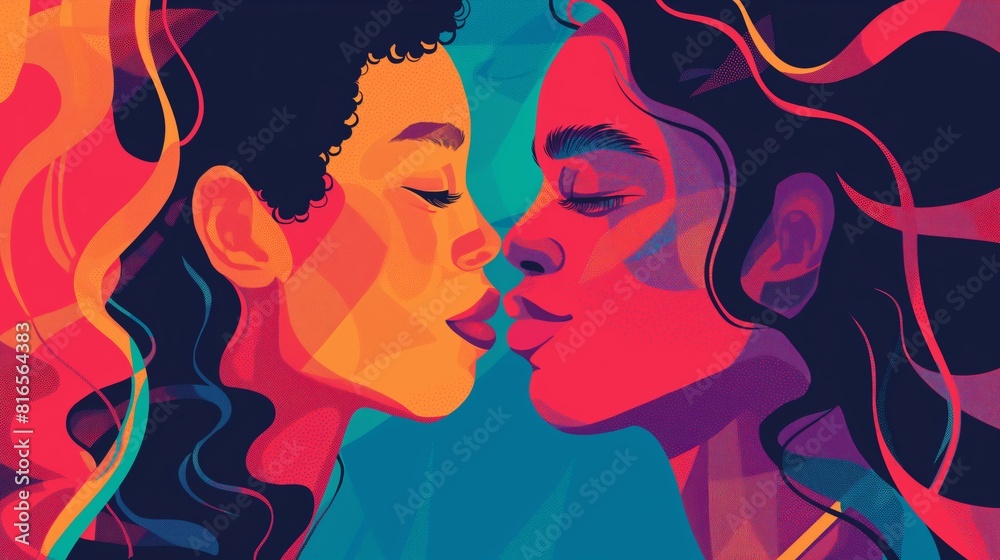 Vibrant digital illustration of two individuals kissing in an abstract expressionist style. Vibrant digital illustration of two individuals kissing in an abstract expressionist style.