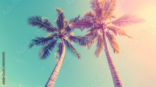 Palm trees against the sky  retro color filter effect  tropical beach theme  vintage style  pastel colors