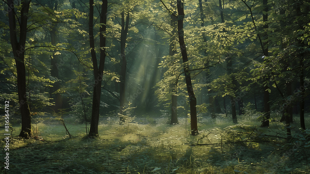 Fototapeta premium A serene forest scene with patches of sunlight filtering through the trees, while a deer tick lurks in the undergrowth, nature photography. Ai generated
