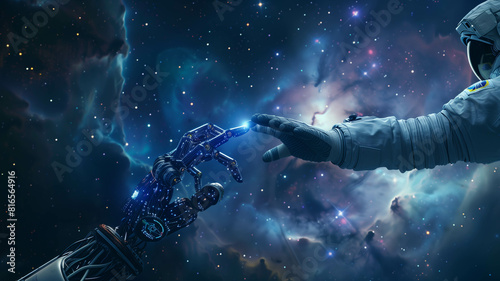 Against a backdrop of stars, a lone astronaut extends their hand to touch the metallic finger of a sentient robot, signifying the bond forged between humanity. Ai generated photo