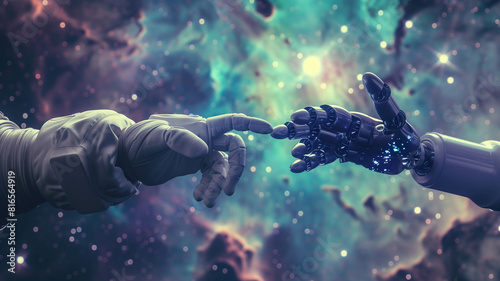 Against a backdrop of stars, a lone astronaut extends their hand to touch the metallic finger of a sentient robot, signifying the bond forged between humanity. Ai generated photo