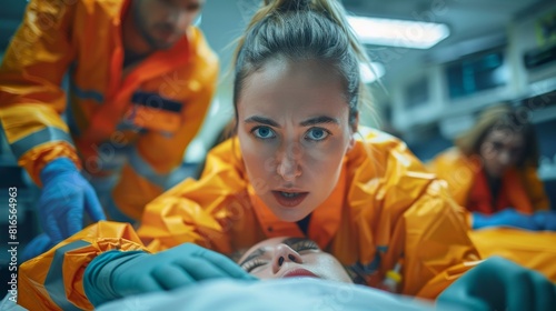 Paramedic in orange uniform providing emergency medical care to patient in ambulance
