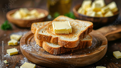 Composition with toasts and butter on wooden table