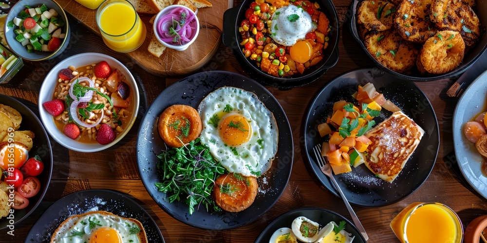 a table with plates of food and drinks next to a bowl of fruit and a plate of eggs a table with plates of food and drinks next to a bowl of fruit and a plate of eggs