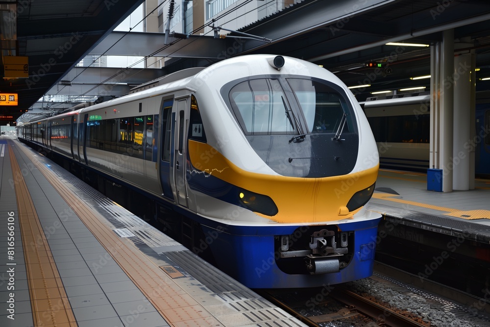 Fototapeta premium a train is pulling into a train station on the platform