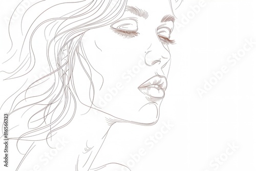 a drawing of a woman's face with her eyes closed and her hair blowing in the wind, with a white background