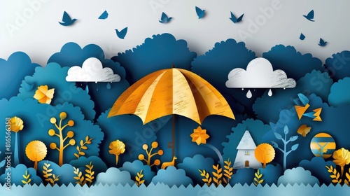 Papercut art of a forest with a yellow umbrella and birds flying in the sky. Scene is peaceful and serene, with the umbrella providing a sense of protection and shelter from the elements