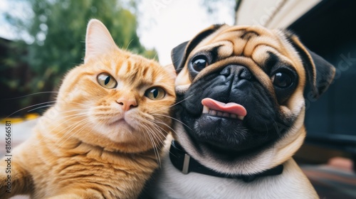 A ginger cat is taking a selfie with pug dog, AI Generative