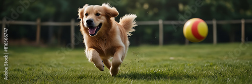 Golden Retriever jumping over a green meadow with blue sky. plying ball photo
