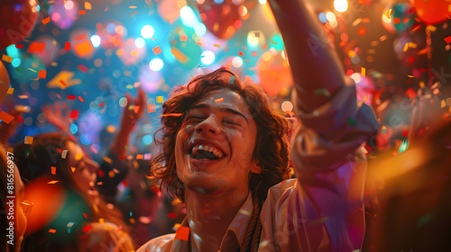A graduation party scene, students dancing and celebrating, colorful lights, confetti, and balloons, vibrant and energetic atmosphere