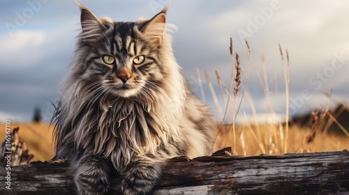 A beautiful long-haired cat is sitting on a log in a field of tall grass