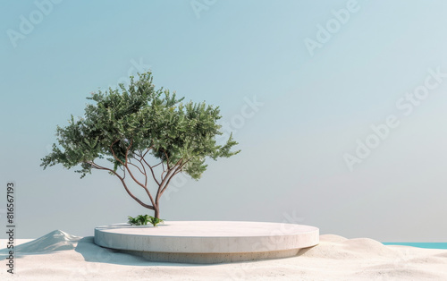 3d product podium with blue background and tree on the sand, generative ai