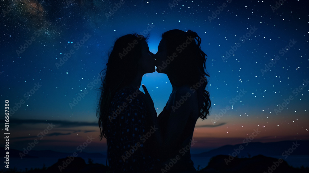 A romantic portrait of a lesbian couple sharing a passionate kiss under ...