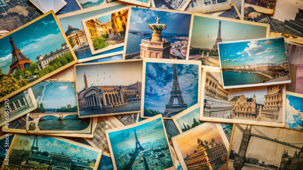 Pile of photos and postcards with pictures from famous places in Europe, colorful vintage background, travel concept