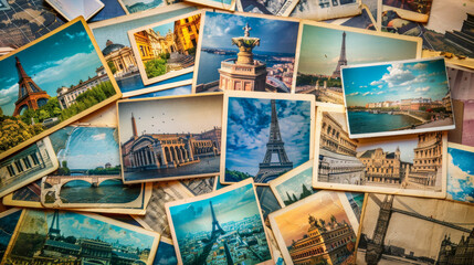 Pile of photos and postcards with pictures from famous places in Europe, colorful vintage background, travel concept