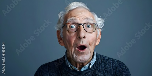 Elderly Caucasian man with white hair and glasses looks surprised at camera. Concept Portrait Photography, Expressive Emotions, Senior Adult, Surprise Expression, White Hair, Glasses