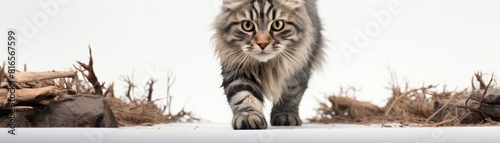 A beautiful long-haired cat with green eyes is walking on a wooden fence. The cat is in focus and the background is blurred.
